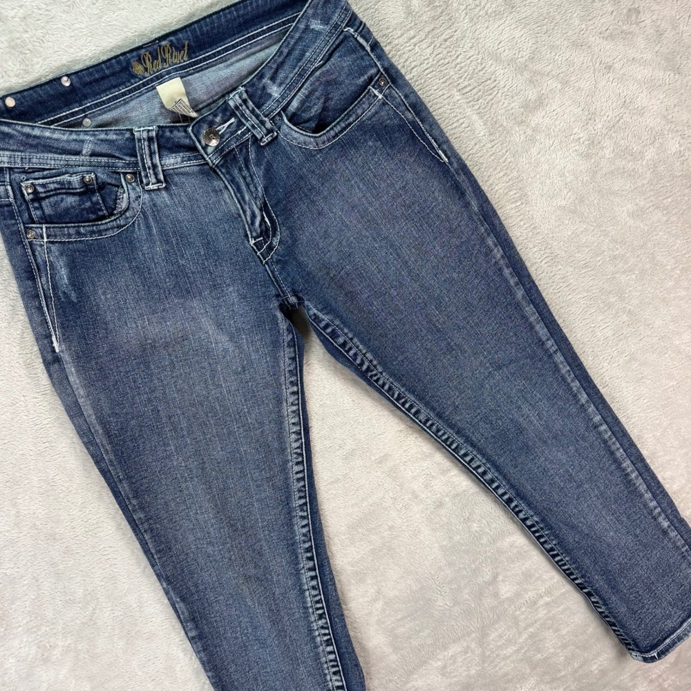 Red Rivet‎ Junior's Capri Jeans Dark Wash Embellished Pockets Bling Size 7 Y2K
